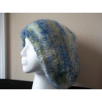 Hand knitted fuzzy and warm hat  beret type  blue/green/white  eb-49124341
